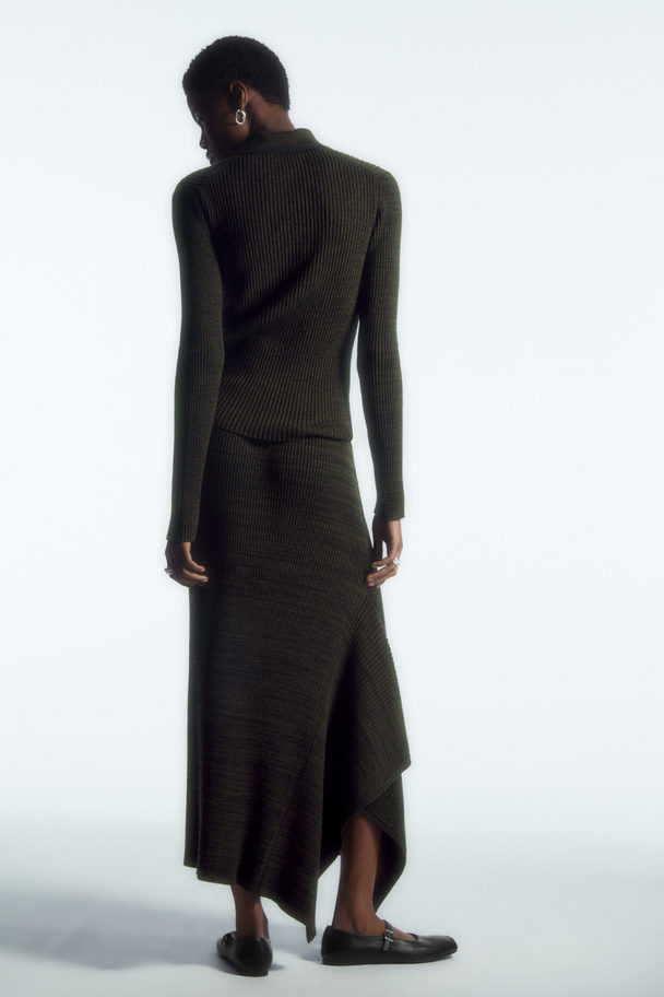 COS Asymmetric Ribbed Wool Midi Skirt Olive Green Mélange