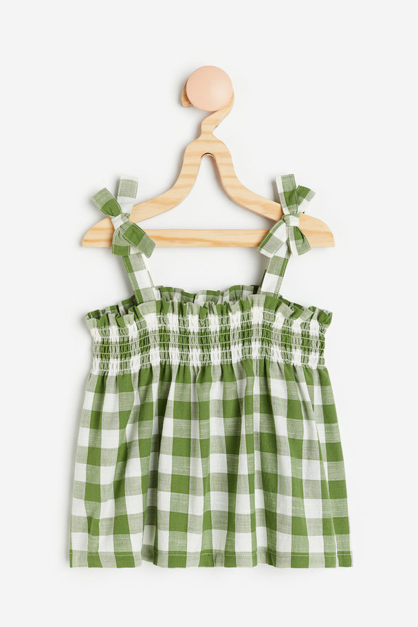 H&M Smocked Cotton Blouse Green/checked