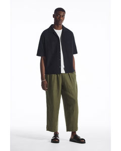 Cropped Wide-leg Linen Trousers Khaki Green