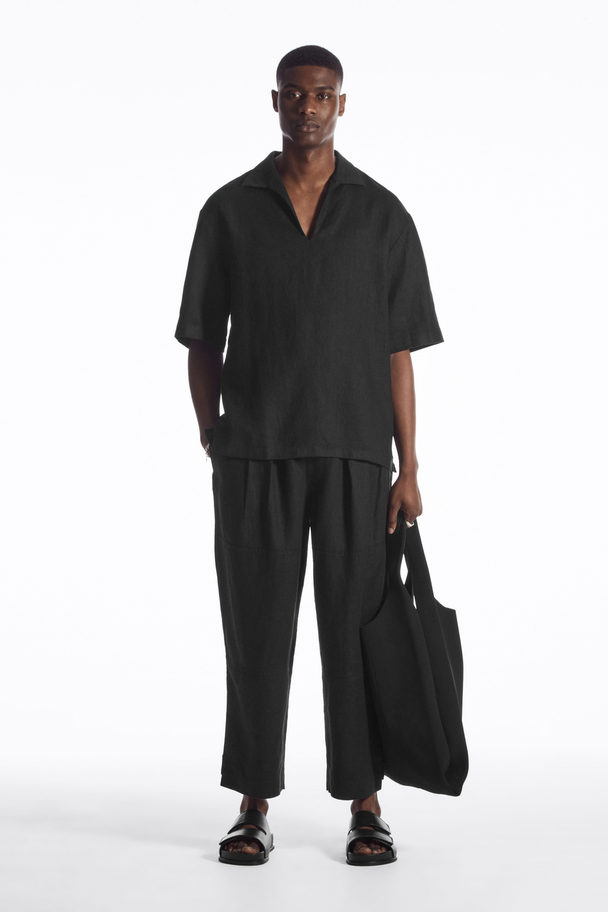 COS Cropped Wide-leg Linen Trousers Black