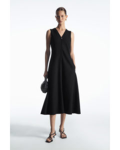 Zip-front V-neck Midi Dress Black