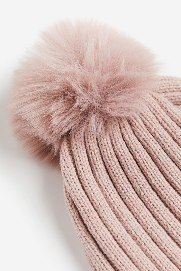 H&M Rib-knit Pompom Hat Dusty Pink