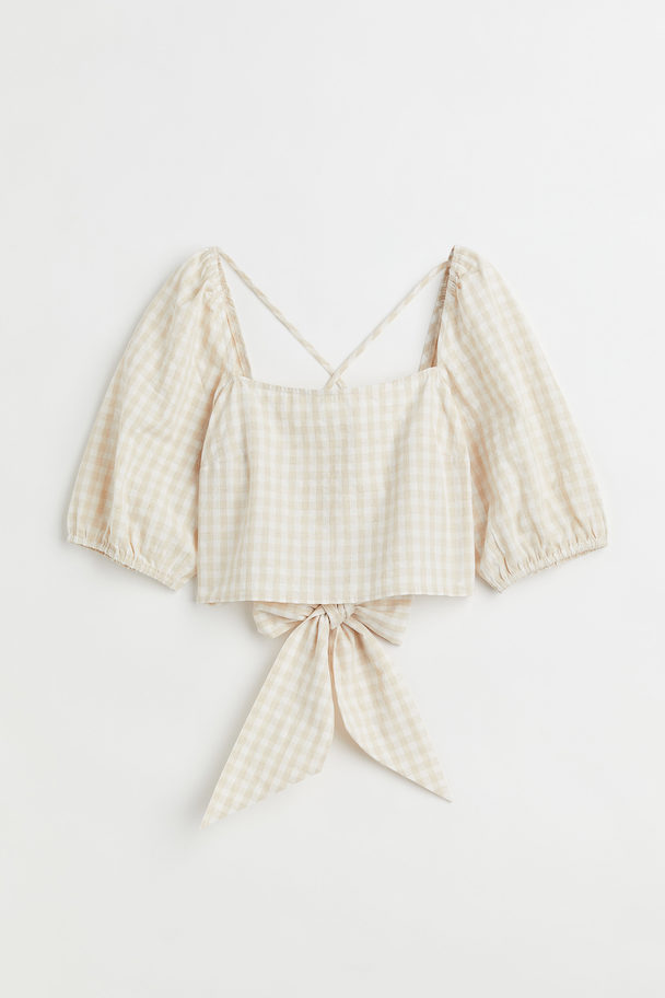 H&M Cropped Linen-blend Blouse Light Beige/checked