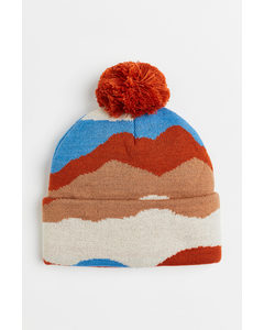 Knitted Pompom Hat Dark Orange/patterned