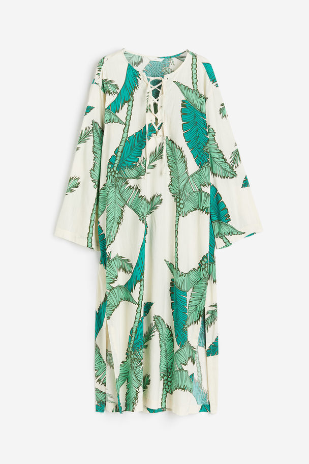 H&M Kleid mit Schnürung Cremefarben/Palmen