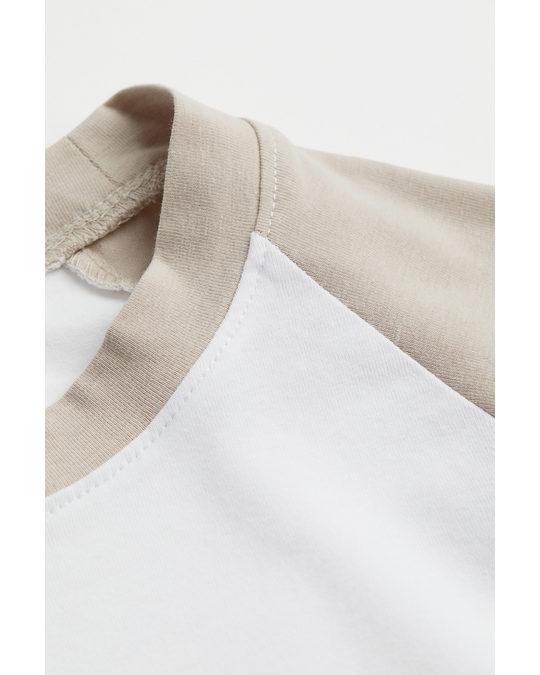 H&M H&m+ Cropped T-shirt Light Beige/white