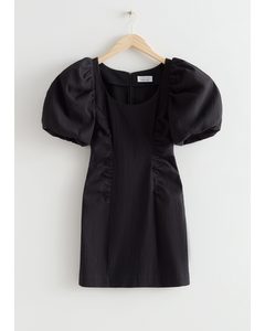Textured Puff Sleeve Mini Dress Black