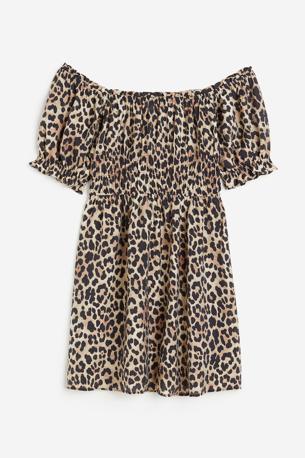 H&M Off-Shoulder-Kleid Beige/Leopardenprint