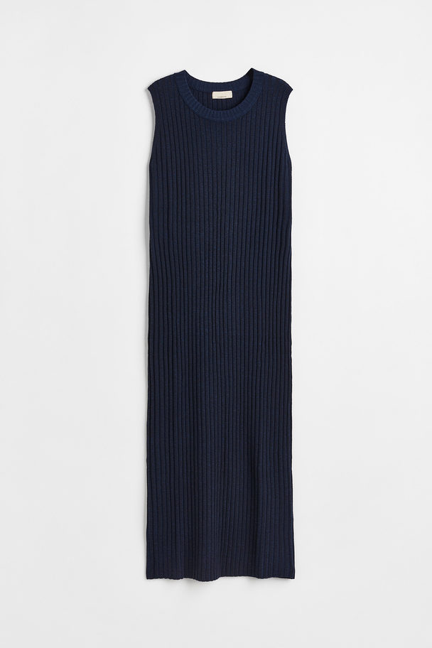 H&M Cashmere-blend Rib-knit Dress Dark Blue Marl