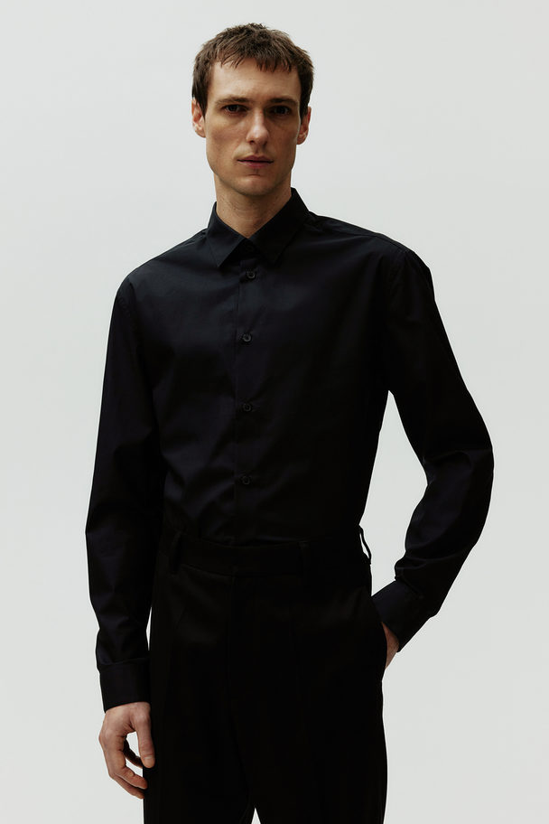 H&M Popeline-Hemd in Regular Fit Schwarz