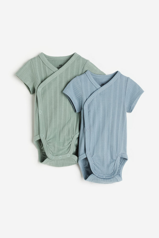 H&M 2-pack Wrapover Bodysuits Dusty Green/dusty Blue