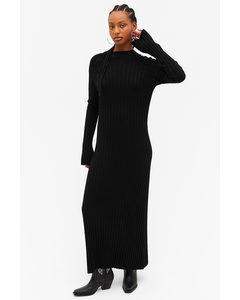 Ribgebreide Maxi-jurk Met Lange Mouwen Zwart