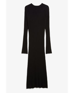 Long Sleeved Rib Knit Maxi Dress Black