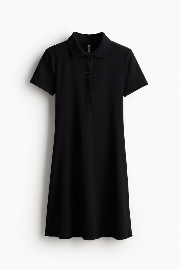 H&M Geripptes Kleid mit Kragen Schwarz