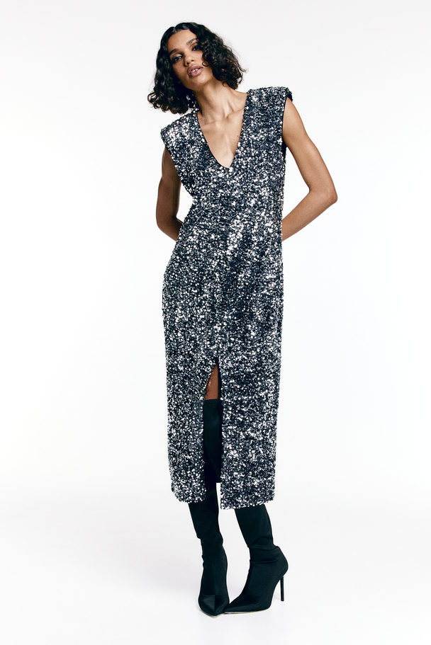 H&M Paillettenkleid mit Schlitz Grau/Silberfarben