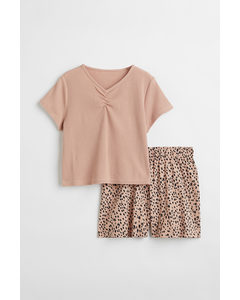 Pyjama Top And Shorts Powder Pink/leopard Print