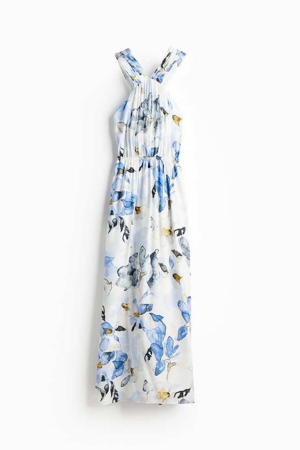 H&M Rückenfreies Kleid Weiß/Blau geblümt
