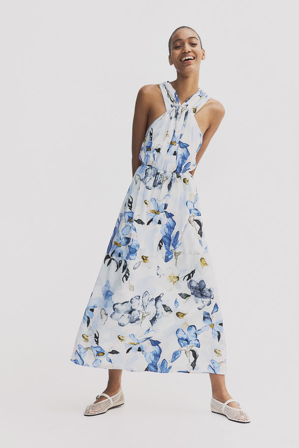 H&M Open-back Dress White/blue Floral