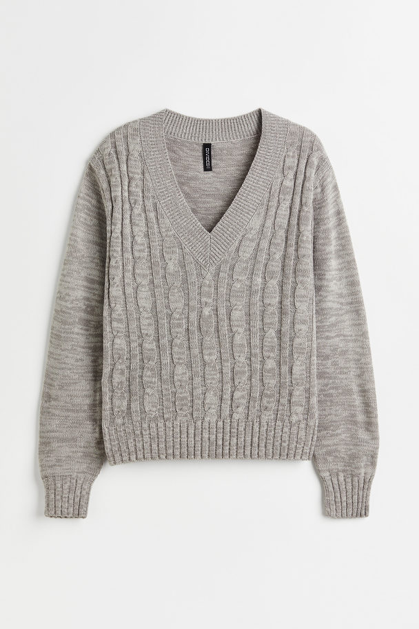 H&M V-neck Cable-knit Jumper Light Grey Marl