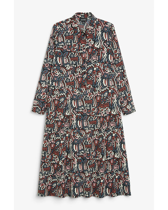 Monki Maxi Dress With Collar Dark Abstract Pattern