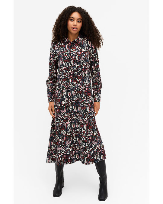 Monki Maxi Dress With Collar Dark Abstract Pattern