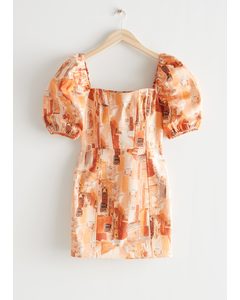 Printed Puff Sleeve Mini Dress Terracotta Print