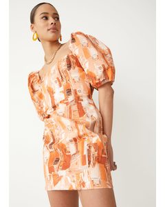 Printed Puff Sleeve Mini Dress Terracotta Print