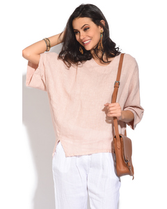 Bi-material Round Neck Top With Bat-sleeves