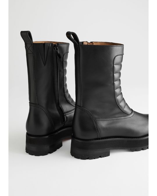 & Other Stories Square Toe Leather Biker Boots Black