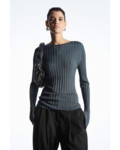 Rib-knit Long-sleeved Top Dark Turquoise
