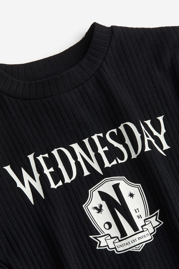 H&M Printed Jersey Top Black/wednesday
