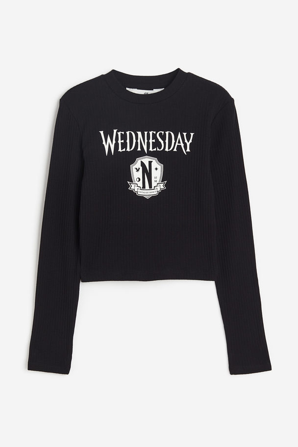 H&M Printed Jersey Top Black/wednesday