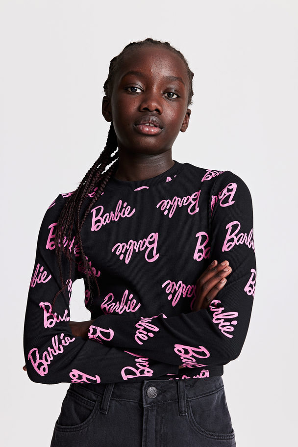 H&M Tricot Top Met Print Zwart/barbie