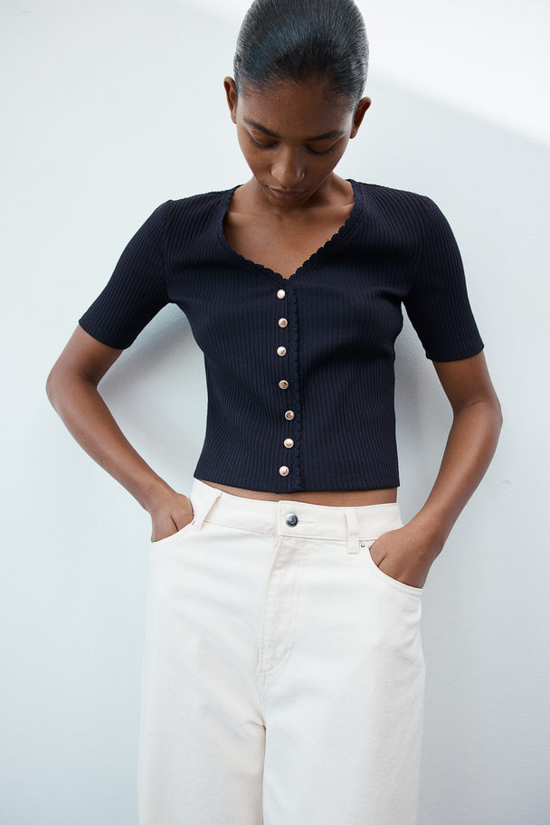 H&M Ribbed Button-front Top Navy Blue