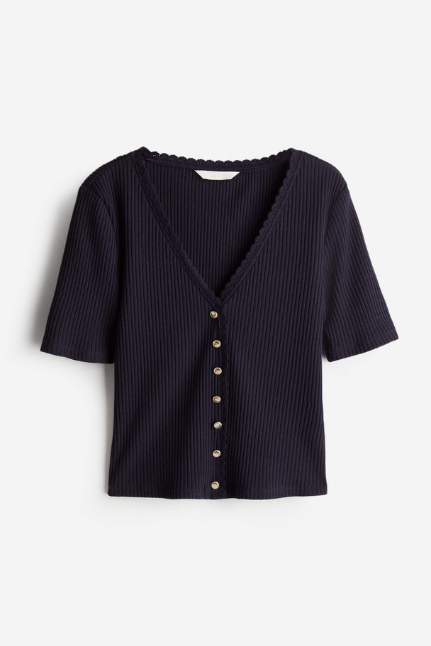 H&M Geripptes Shirt mit Knopfleiste Marineblau