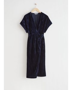 Velvet Wrap Midi Dress Blue