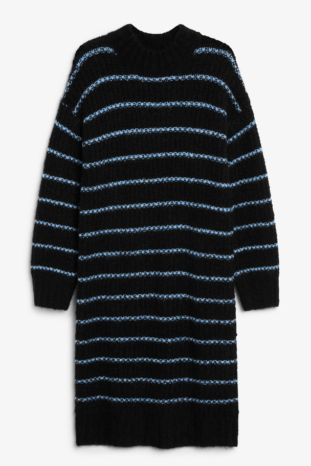 Monki Black Striped Oversize Midi Knit Dress Black W Blue Stripes