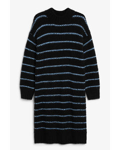 Black Striped Oversize Midi Knit Dress Black W Blue Stripes