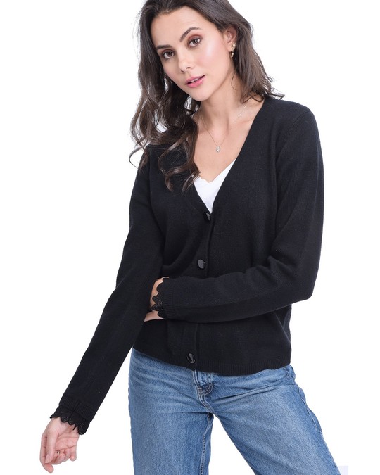 William de Faye V-neck Cardigan With English Lace On Sleeves