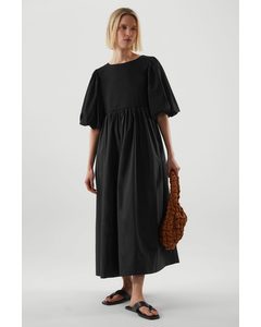 Puff-sleeve Midi Dress Black
