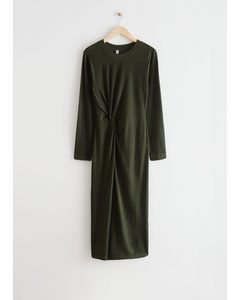 Asymmetric Twist Midi Dress Dark Green