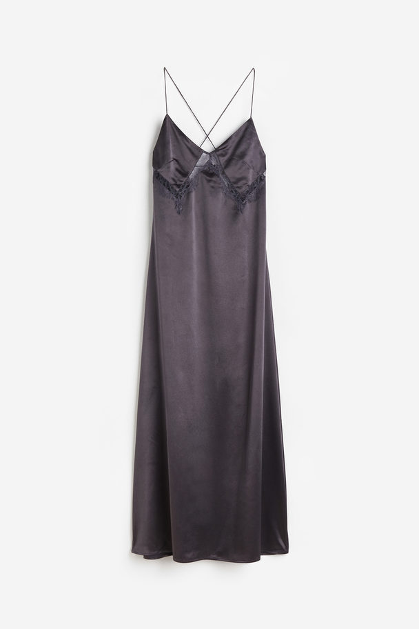 H&M Slip In-kjole I Satin Med Blondedetalje Mørkegrå