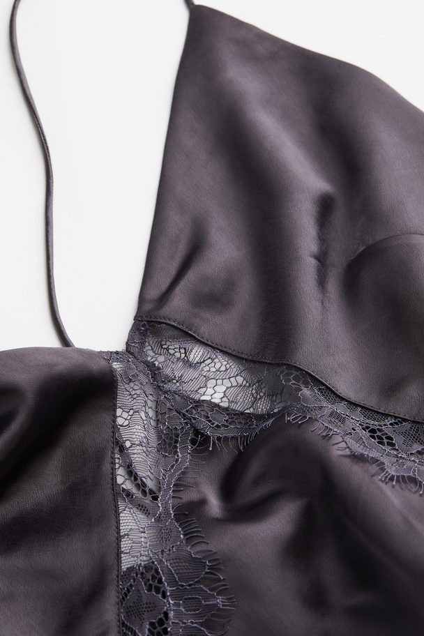 H&M Lace-detail Satin Slip Dress Dark Grey