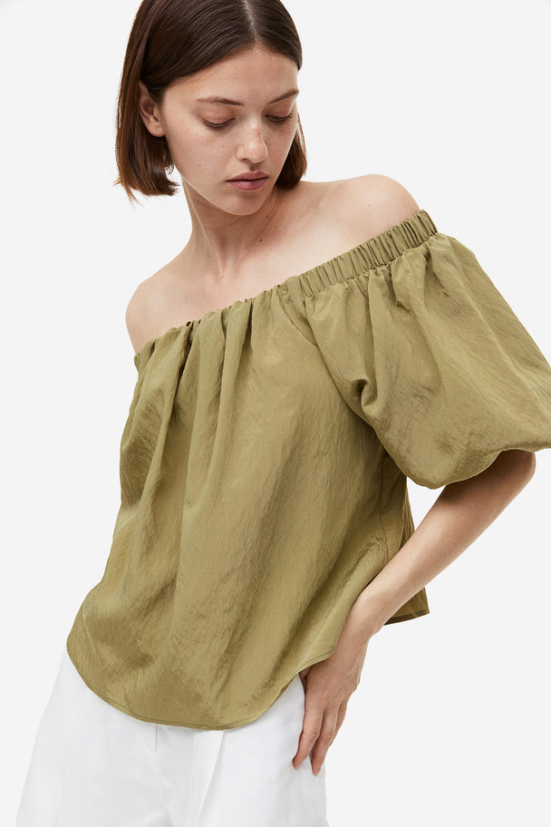 H&M Off-Shoulder-Bluse mit Puffärmeln Khakigrün