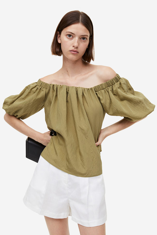 H&M Off-Shoulder-Bluse mit Puffärmeln Khakigrün
