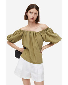 Off-Shoulder-Bluse mit Puffärmeln Khakigrün