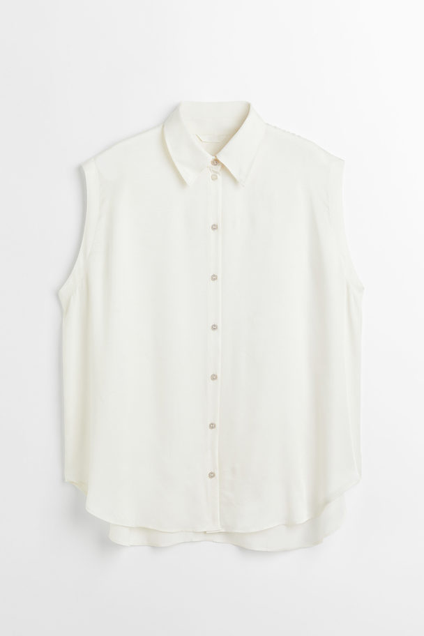 H&M H&m+ Mouwloze Satijnen Overhemdblouse Wit