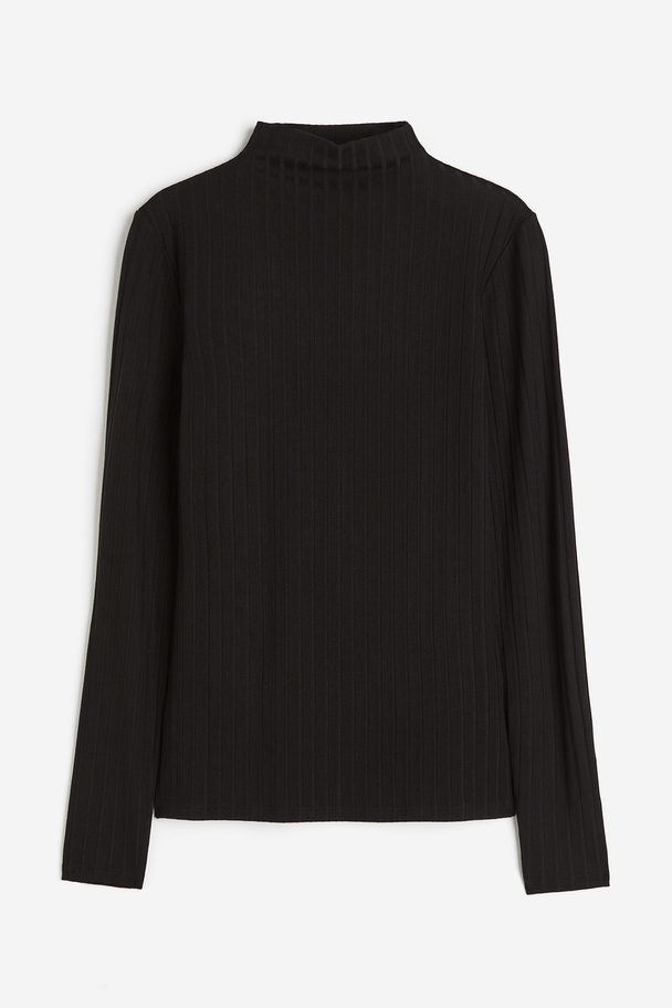 H&M Geribde Top Met Turtleneck Zwart