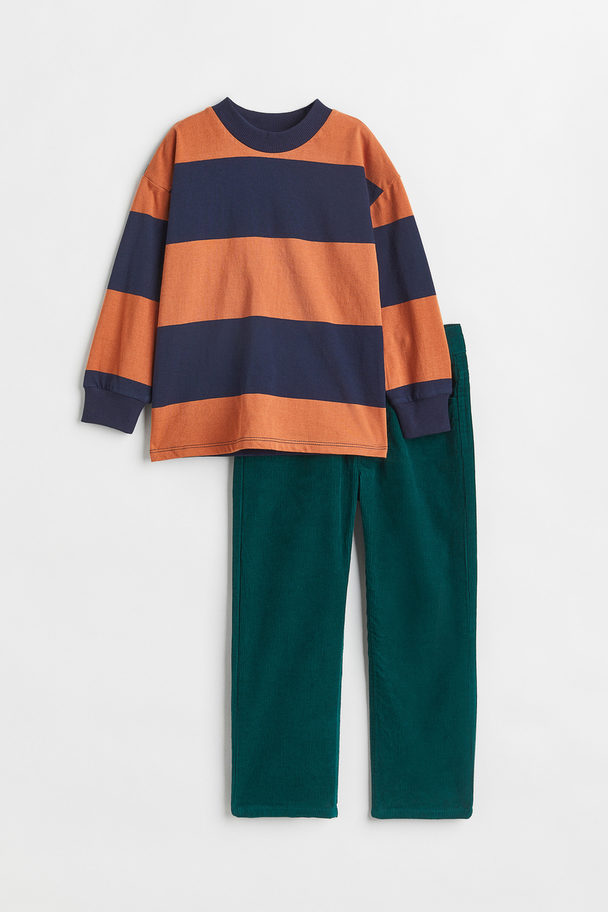 H&M 2-teiliges Baumwollset mit Shirt und Hose Dunkelgrün/Blockstreifen