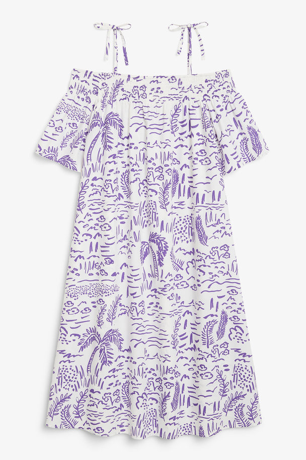 Monki Off The Shoulder Dress Purple Jungle Illustration